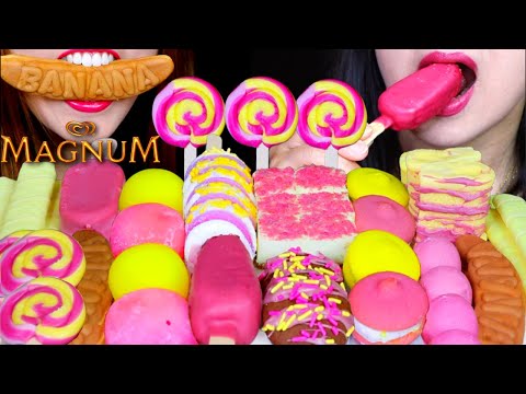 ASMR STRAWBERRY BANANA MOCHI, CAKE POP, PINK MAGNUM ICE CREAM, SWIRL CANDY POP, CHEESECAKE, COOKIE먹방