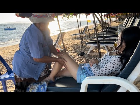 ASMR  Relaxing  BEACH MASSAGE WITH SOUNDS OF SEA WAVES for deep relaxation (foot & legs pain)
