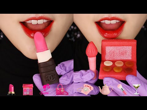 BARBIE THEME FOOD ASMR PINK FOOD ASMR EDIBLE COSMETICS, EMOJI FOOD ASMR 💅