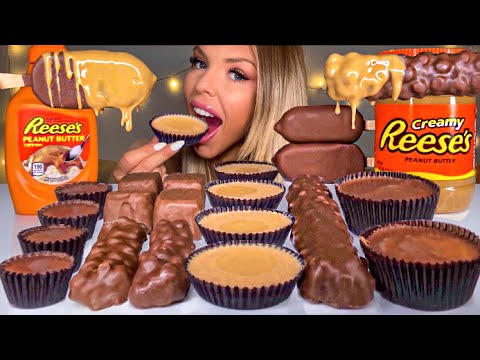 ASMR *CHOCOLATE PEANUT BUTTER* REESE CUPS, ICE CREAM, PEANUT BUTTER SAUCE, REESE'S PIECES MUKBANG 먹방