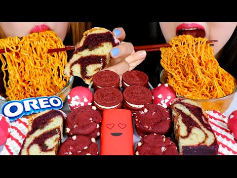 ASMR RED VELVET CAKE POPS, SPICY FIRE NOODLES, OREOS, COOKIES, CHOCOLATE BAR 불닭 볶음면 먹방