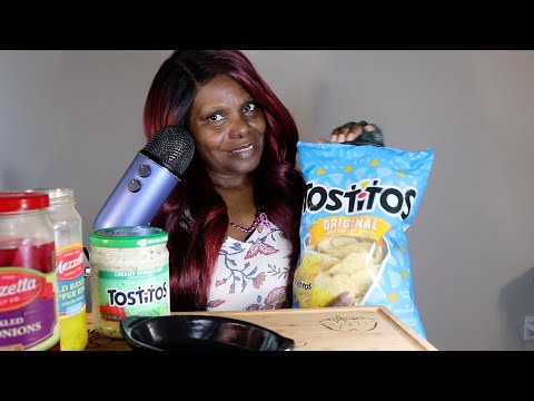 Tostitos Chip With Spinach Dip And Pickled Yellow Peppers And Red Onions ASMR Eating Sounds