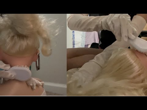 ASMR satin glove Barbie hairplay and Barbie hair  brushing w soft bristle brush