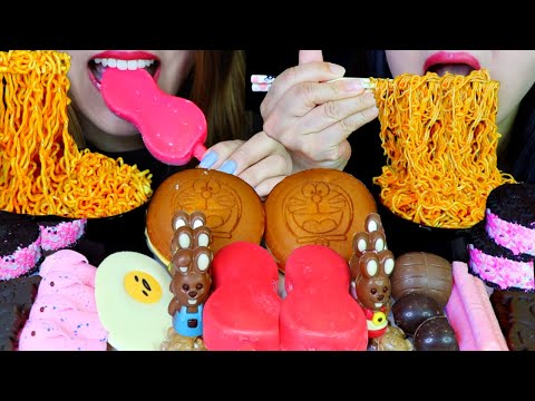 ASMR STRAWBERRY BUBBLEGUM ICE CREAM, SPICY NOODLES, OREO CHOCOLATE EGG, COTTON CANDY MARSHMALLOW 먹방