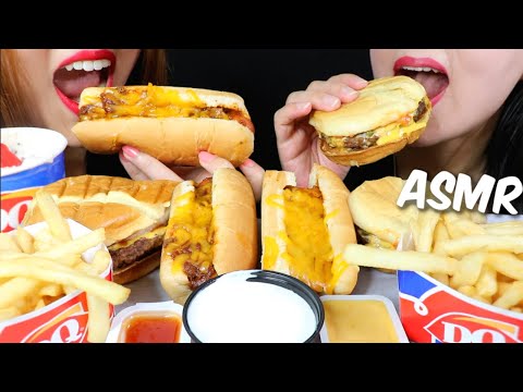 ASMR CHILI CHEESE DOGS, CHEESEBURGERS, FRIES, DQ BLIZZARDS 리얼사운드 먹방 | Kim&Liz ASMR