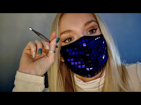 ASMR eyebrow appointment , up close personal attention whispers with  gum chewing