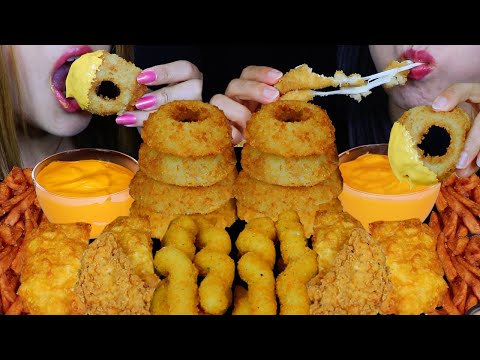 ASMR FRIED FOOD FEAST! CHEESY MOZZARELLA STICKS, GIANT CRUNCHY ONION RINGS, FRIED CHICKEN, FRIES 먹방