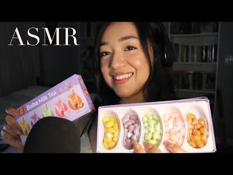 ASMR eating boba milk tea jelly beans & hello kitty marshmallows