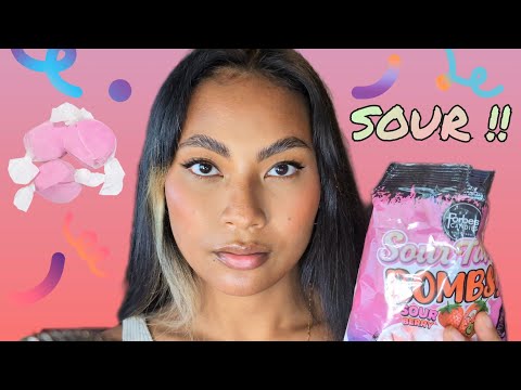 ASMR Trying Different Flavors Sour Taffy Candy , Chewing Satisfying Mouth Sounds , Wrapper Crinkles