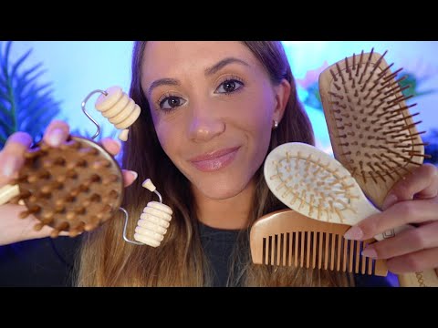 ASMR Wooden Hairbrushing & Face Massage (layered sounds, wooden tapping, personal attention)