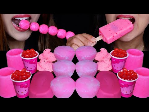 ASMR HELLO KITTY POPPING BOBA, STRAWBERRY MOCHI ICE CREAM, PINK ICE CREAM BARS, CHOCOLATE PEEPS 먹방