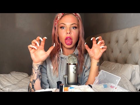 ASMR Doing My Own Fake Nails (Gum Chewing, Nail Tapping, Close Whispering & Inaudible)