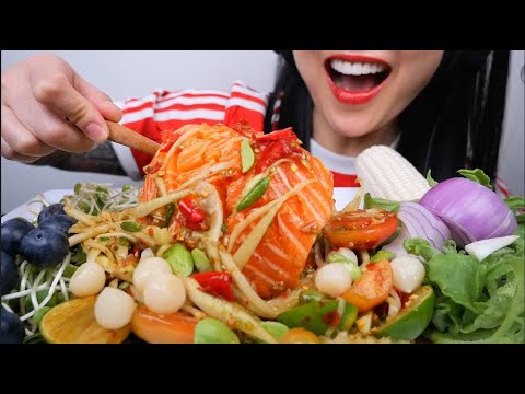 GIANT SALMON SASHIMI SLAB + SPICY CUCUMBER SALAD (ASMR EATING SOUNDS) NO TALKING | SAS-ASMR