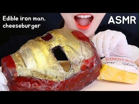 EDIBLE IRON MAN MASK ASMR CHEESEBURGER ASMR NO TALKING CHOCOLATE EATING ASMR