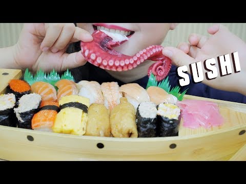 ASMR BOAT OF SUSHI (SALMON, OCTOPUS, SHRIMP,TOBIKO EGGS ) EATING SOUNDS | LINH-ASMR