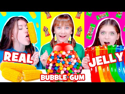 ASMR Eating Sounds Jelly VS Real Food VS Bubble Gum Mukbang