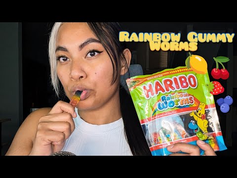 ASMR Eating Haribo Rainbow Gummy Worms , Chewing Sounds , Relaxing