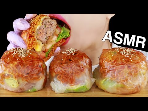 ASMR Rice Paper Fire Noodle Burger Wrap 불닭쌈버거/라이스페이퍼 불닭볶음면 햄버거 먹방 Mukbang Eating *Messy/BigBites*