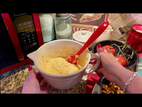 Cooking Mexican Cornbread Casserole! (No talking) Mixing, frying & measuring~Yummy dinner~ASMR