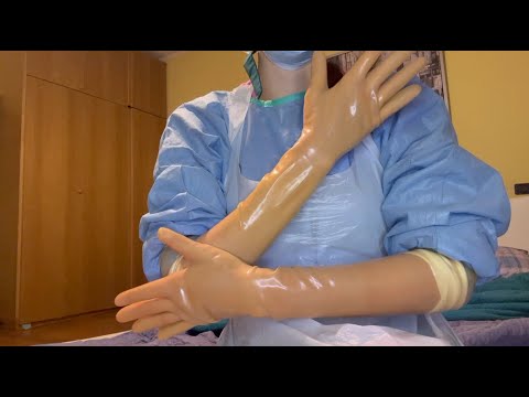 ASMR nurse shows you her new elbow lenght transparent latex gloves