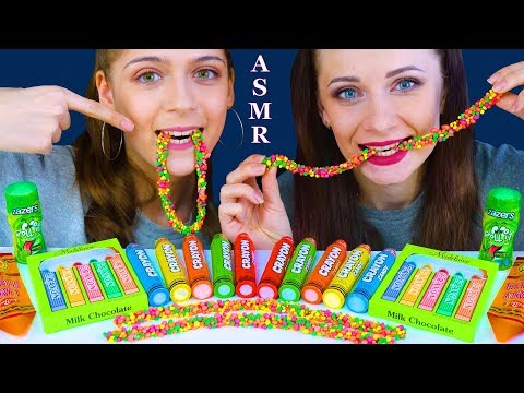 ASMR RAINBOW CRAYON CANDY, NERDS ROPE, ROLLING LIQUID CANDY MUKBANG