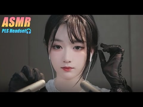 ASMR🎧｜Mouth trigger sound for eating wooden spoon.Black silk gloves rubbing microphone.
