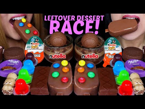 ASMR LEFTOVER DESSERT RACE! RAINBOW JELLY, CHOCOLATE MOUSSE CUPS, MILKA BALLS, KINDER EGGS 먹방