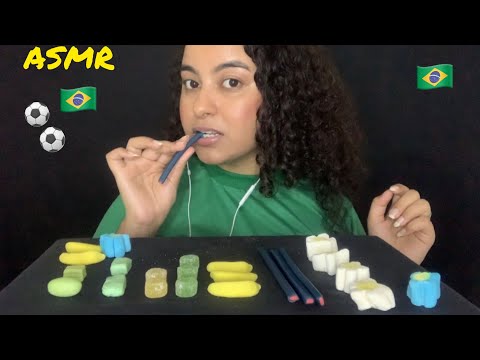 ASMR COMENDO DOCES COM AS CORES DA BANDEIRA DO BRASIL/ eating candy yellow, blue, etc. Sem fala