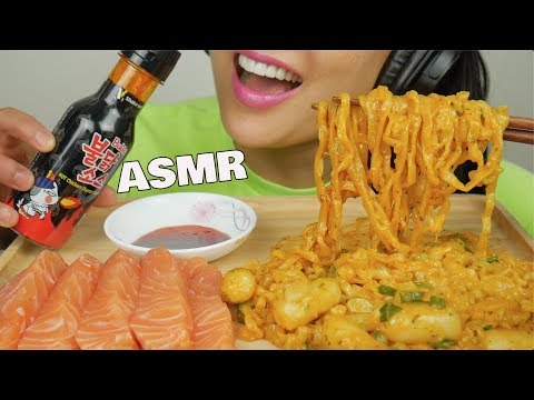 ASMR FIRE SAUCE + SALMON SASHIMI + CHEESY RICE CAKES NOODLES (EATING SOUNDS) NO TALKING | SAS-ASMR