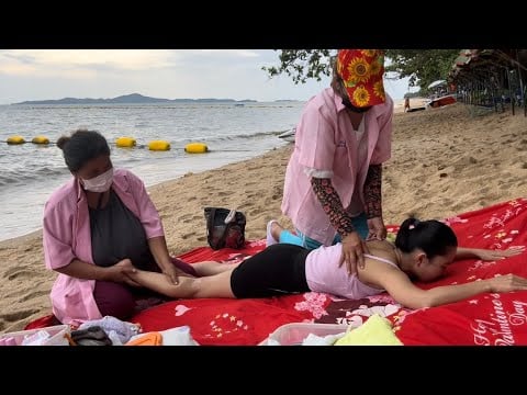 ASMR  4 HANDS BEACH MASSAGE FULL BODY / FOOT BACK & HEAD MASSAGE WITH SEA WAVES FOR TOURISTS