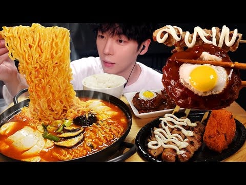 ASMR MUKBANG | 직접 만든 순두부 열라면 메추리알 함박스테이크 닭꼬치 먹방 & 레시피 FIRE NOODLES CHICKEN EATING