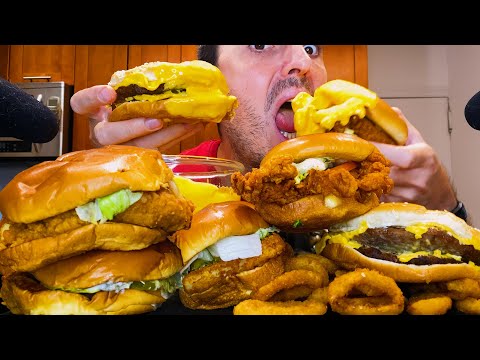 BURGER KING CHEESE SAUCE FEAST ! BURGERS CHICKEN ONION RINGS FISH 햄버거 치킨 양파 링 생선 ASMR MUKBANG