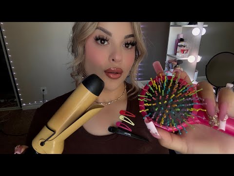 ASMR Hair Styling – Middle Part Wavy Curls✨🪞Curling, Clipping, & Parting 