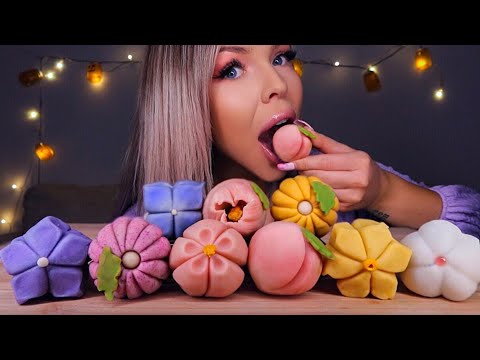 ASMR FLOWER RICE CAKE, PEACH RICE CAKE, PEONY NERIKIRI WAGASHI, MOCHI MUKBANG 먹방 EATING SOUNDS