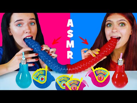 ASMR PINK VS BLUE CANDY RACE (GUMMY ROLL, GIANT GUMMY WORM, JELLO SHOOTER)