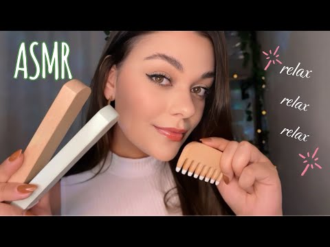 ASMR: CUIDANDO DO SEU CABELO COM MATERIAIS DE MADEIRA (ESCOVA, SECADOR E CHAPINHA)