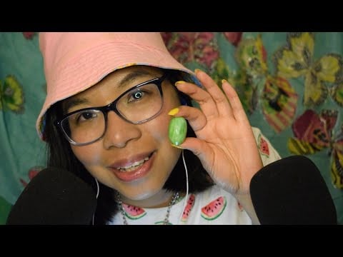 ASMR Trying Watermelon Bubble Gum (Mouth Sounds, Ear to Ear Soft Whispering)  🫧🍉