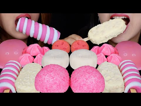 ASMR WHITE CHOCOLATE STRAWBERRY DESSERTS (SNOBALL CAKES, ALOE VERA JELLY, TWIST POP, Big Crunch BARS