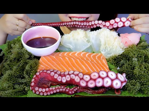 ASMR RAW SALMON , OCTOPUS , JELLYFISH , SEAGRAPES EATING SOUNDS | LINH-ASMR