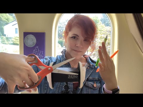 ASMR Panning Binaural Sounds - Scissors, Pencils, Tape - Soft Spoken to Whisper