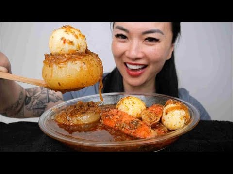 ONION EGG IMITATION CRAB BOIL (ASMR EATING SOUNDS) LIGHT WHISPERS | SAS-ASMR