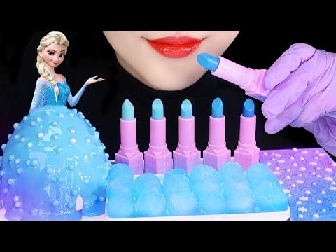 FROZEN ELSA BLUE FOOD MUKBANG ASMR EDIBLE LIPSTICK ASMR ELSA CAKE, ICE EATING ASMR