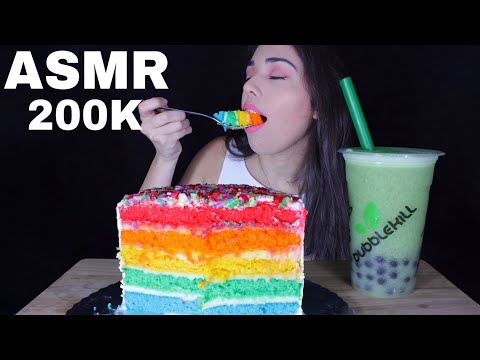 ASMR BOLO ARCO ÍRIS + Bubble Tea 🌈 ESPECIAL 200K Comendo 🎉