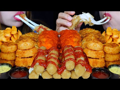 ASMR FRIED FOOD FEAST! CHEESY MOZZARELLA STICKS, GIANT ONION RINGS, SPICY BUFFALO FRIED CHICKEN 먹방