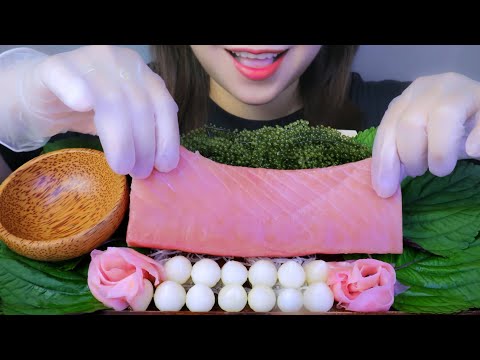 ASMR EATING RAW TUNA SLICE EATING SOUND ] LINH-ASMR