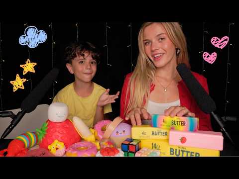 ASMR Fidget Trading With My Little Brother 🍓⭐ (dumplings, squishies, keyboard clickers, etc)