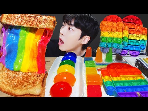 ASMR MUKBANG | 레인보우 디저트 팝잇 푸쉬팝 아이스크림 마카롱 젤리 먹방 & 레시피 DESSERT ICE CREAM MACARONS EATING