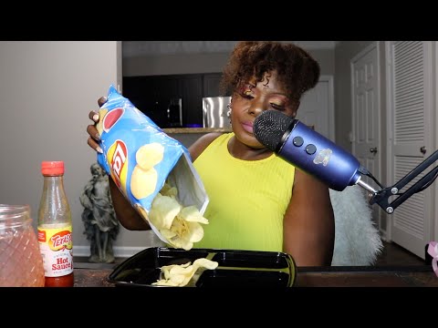 Salt & Vinegar Lays Chips with Hot Sauce ASMR Storytime/Eating Sounds