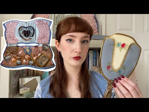 ASMR showing my 1940’s deluxe vintage vanity set ~ textured tapping and whispers 🎀🏹