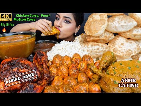 ASMR Eating Spicy Mutton Josh,Whole Chicken Curry Masala,Poori,Rice Big Bites ASMR Eating Mukbang
